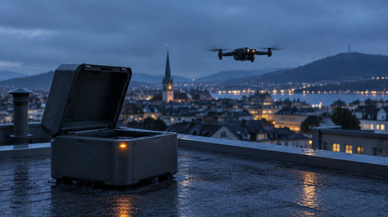 A drone dock box open on a wet rooftop at blue hour, a drone lifting off over the city